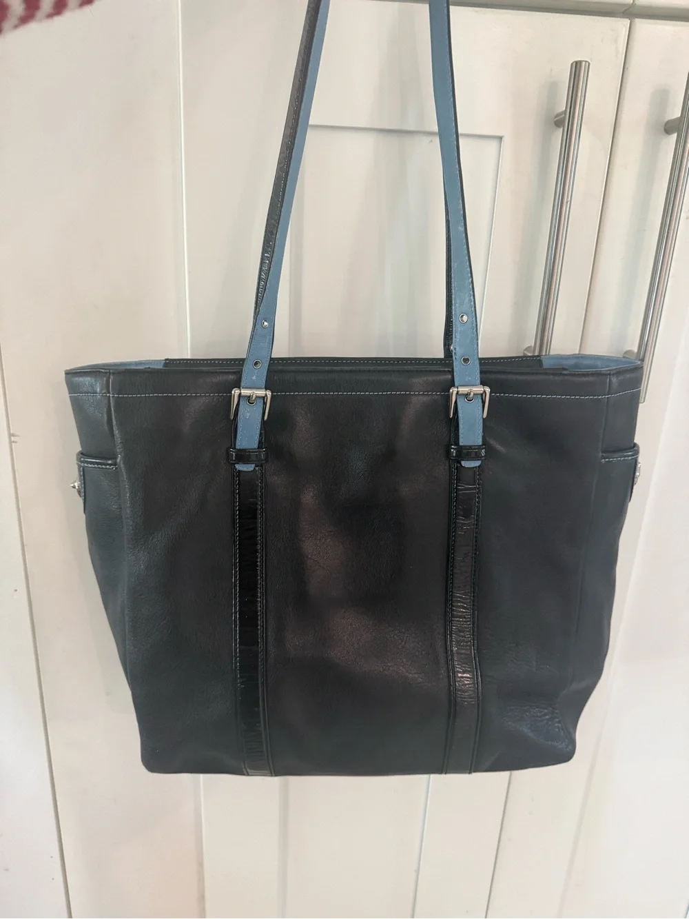 Coach Black Leather Tote with Light Blue Straps